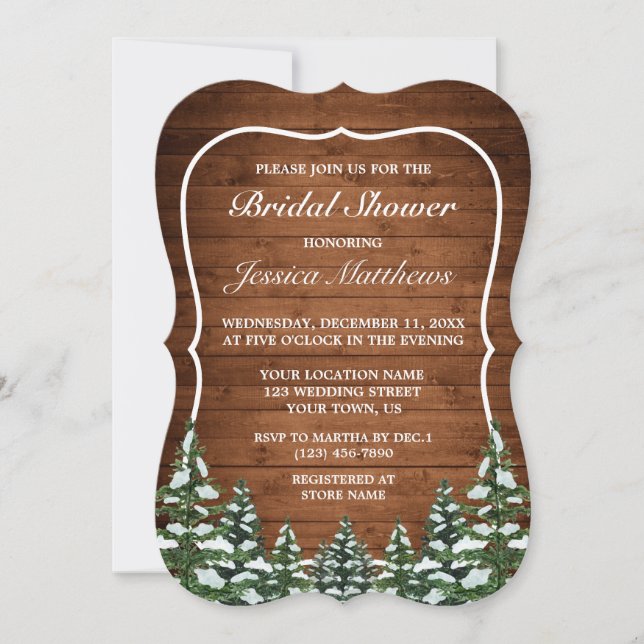 Invitación Madera nevada y ducha de novias en el campo de los (Anverso)