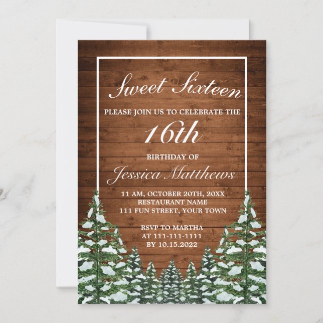 Invitación Madera nevada y Pino Rural Forestal Tiara Sweet 16 (Anverso)