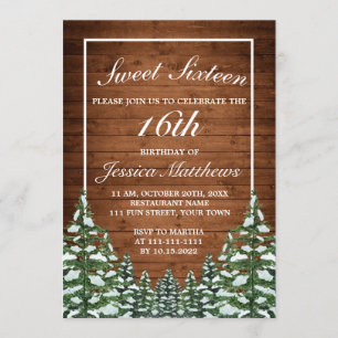 Invitación Madera nevada y Pino Rural Forestal Tiara Sweet 16