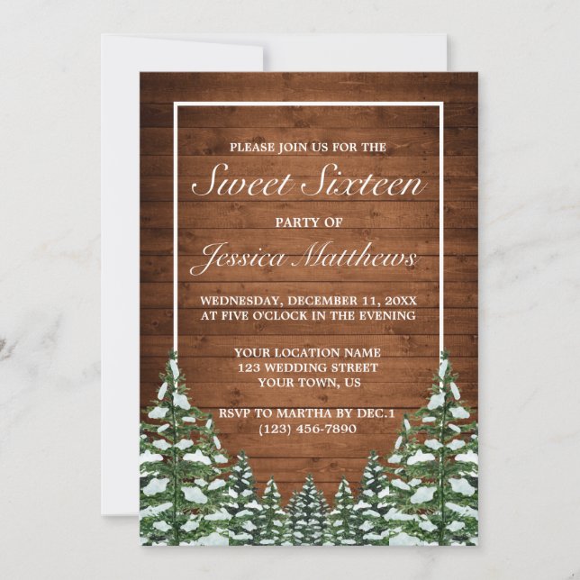 Invitación Madera nevada y Pino Rural Forestal Tiara Sweet 16 (Anverso)