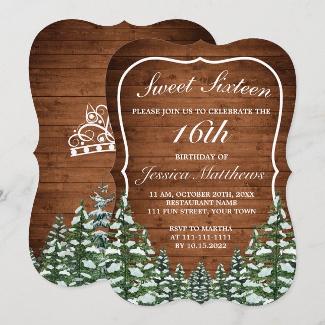 Invitación Madera nevada y Pino Rural Forestal Tiara Sweet 16 (Anverso / Reverso)