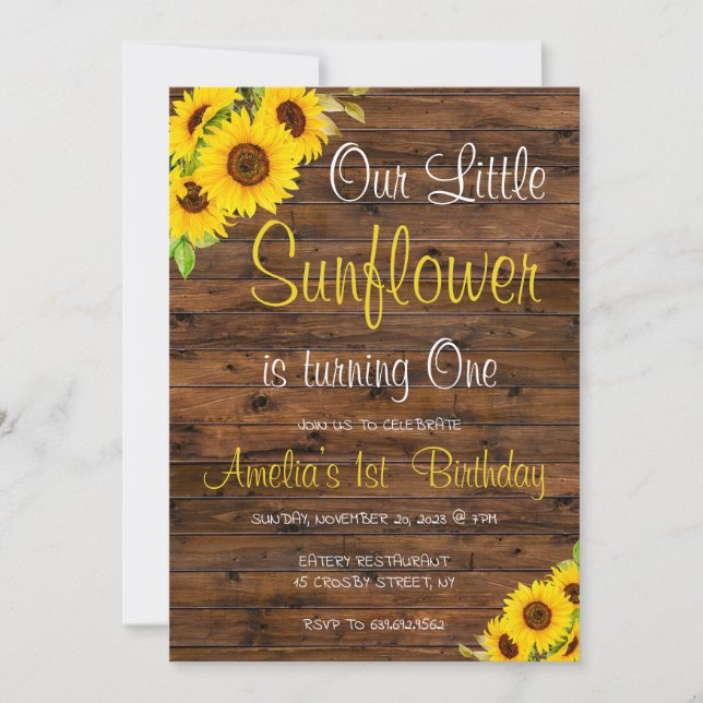 Invitación Madera Nuestro Pequeño Sunflower Floral Cumpleaños (Anverso)