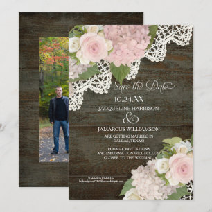 Invitación Madera Oscura Salva la Fecha Foto Encaje Hortensia