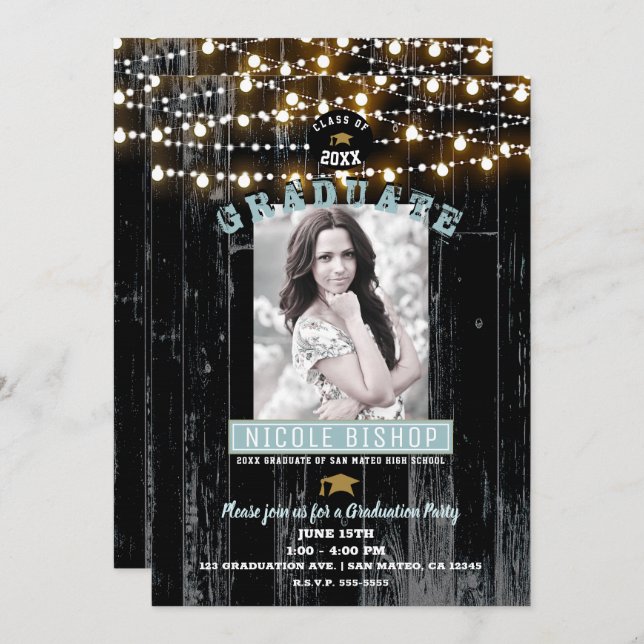 Invitación Madera oscura y luces Rustic Photo Graduation Part (Anverso / Reverso)