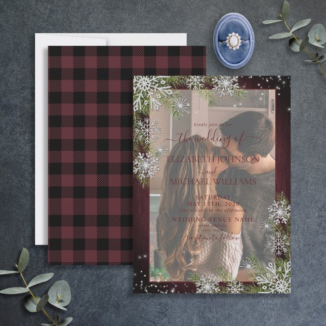 Invitación Madera plateada de borgoña Plaid Vellum Photo Boda (Subido por el creador)