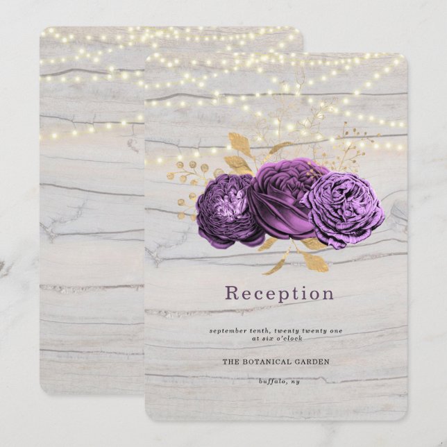 Invitación Madera Púrpura Floral De La Recepción De Las Luces (Anverso / Reverso)
