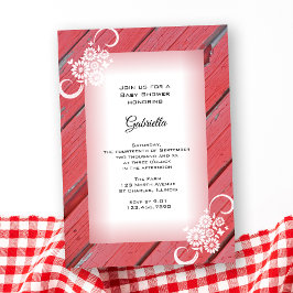 Invitación Madera roja con Baby Shower de flores