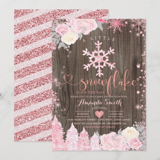 Invitación Madera Rosa Un Pequeño Snowflake Floral Baby Showe (Anverso / Reverso)