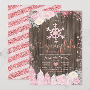 Invitación Madera Rosa Un Pequeño Snowflake Floral Baby Showe