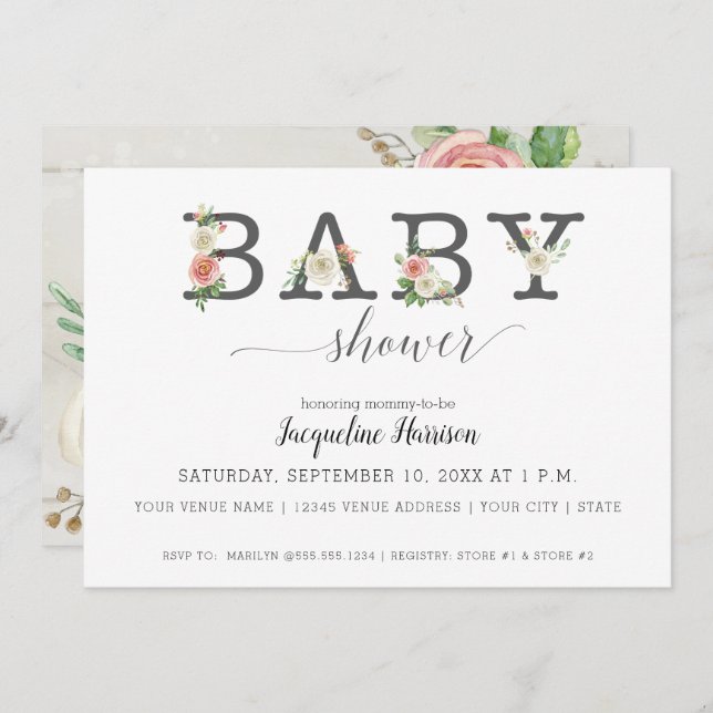 Invitación Madera Rubor y White Florals | CHICA BABY SHOWER (Anverso / Reverso)