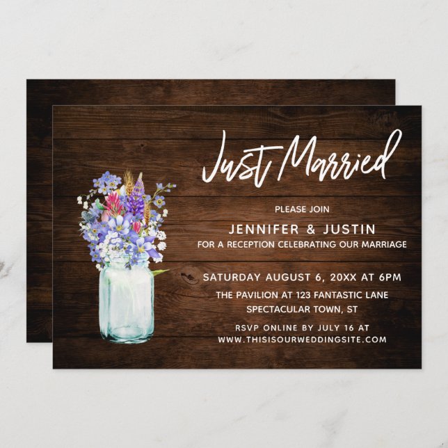 Invitación Madera Rusa acaba de casarse con flores silvestres (Anverso / Reverso)