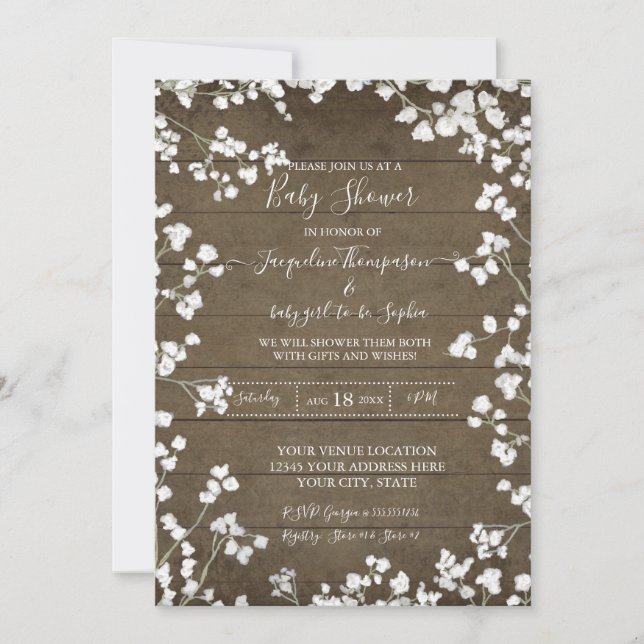 Invitación Madera Rusa Babys Respiración Floral Beber Ducha (Anverso)