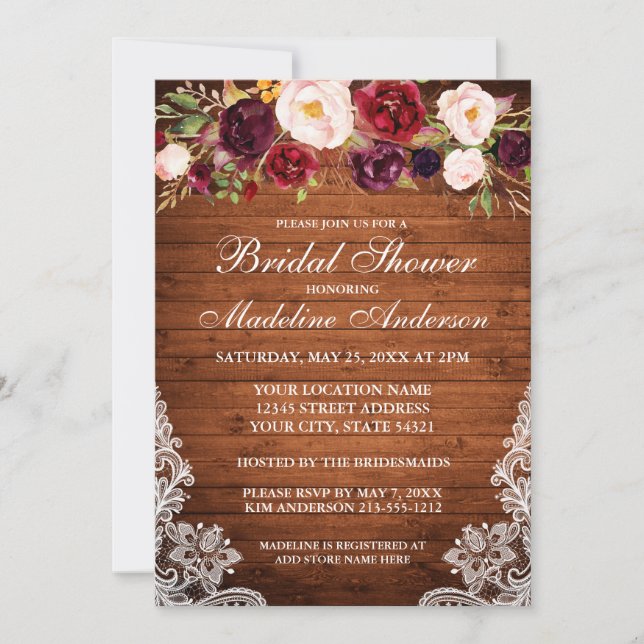Invitación Madera Rusa Borgoña Floral Lace Bridal Shower (Anverso)