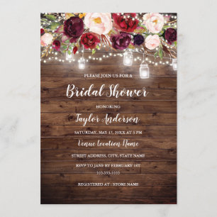 Invitación Madera Rusa Borgoña Floral Luces Británicas Ducha