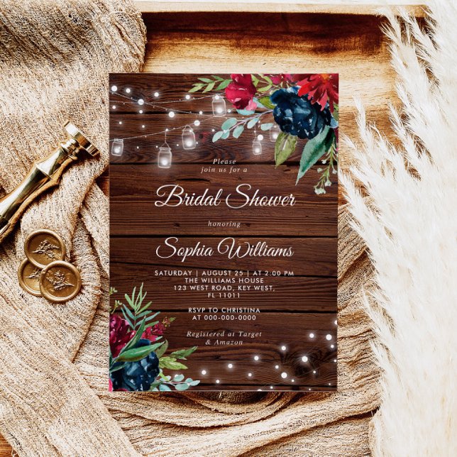 Invitación Madera Rusa Borgoña Floral Luces Británicas Ducha (Subido por el creador)