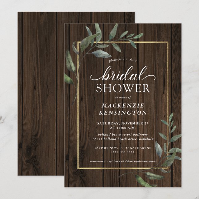 Invitación Madera Rusa Eucalyptus Greenery Ducha Bridal (Anverso / Reverso)