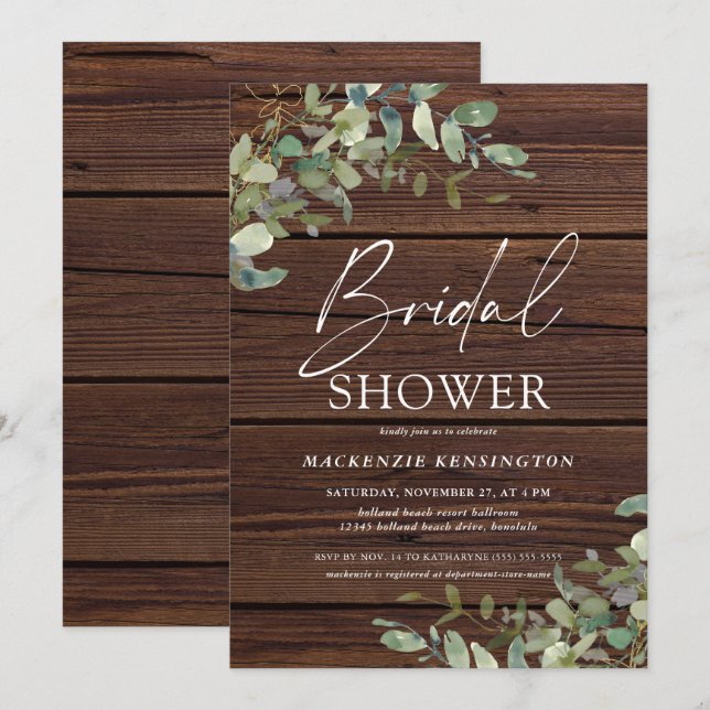 Invitación Madera Rusa Eucalyptus Greenery Ducha Bridal (Anverso / Reverso)