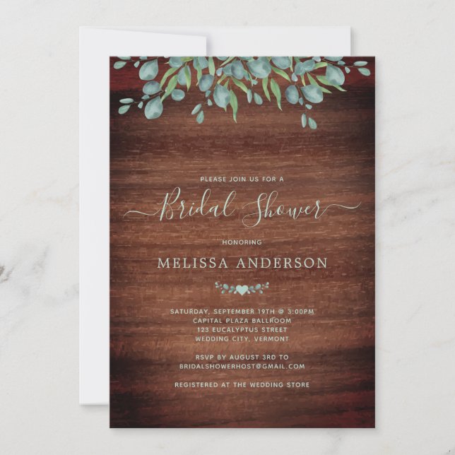 Invitación Madera Rusa Eucalyptus Greenery Ducha Bridal (Anverso)