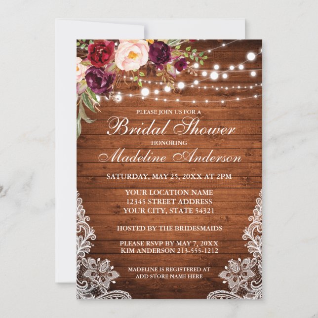 Invitación Madera Rusa Ilumina Floral Lace Bridal Ducha (Anverso)