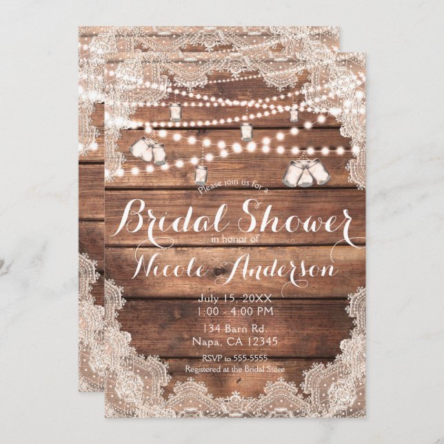 Invitación Madera Rusa Romántico Lace Mason Jars Bridal Showe (Anverso / Reverso)