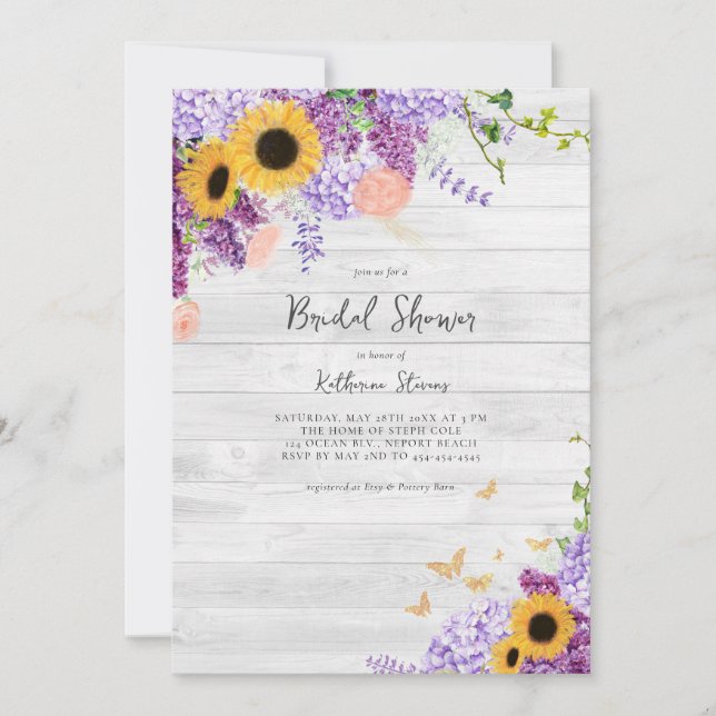 Invitación Madera Rusa Sunflowers Lilac Floral Bridal Shower (Anverso)