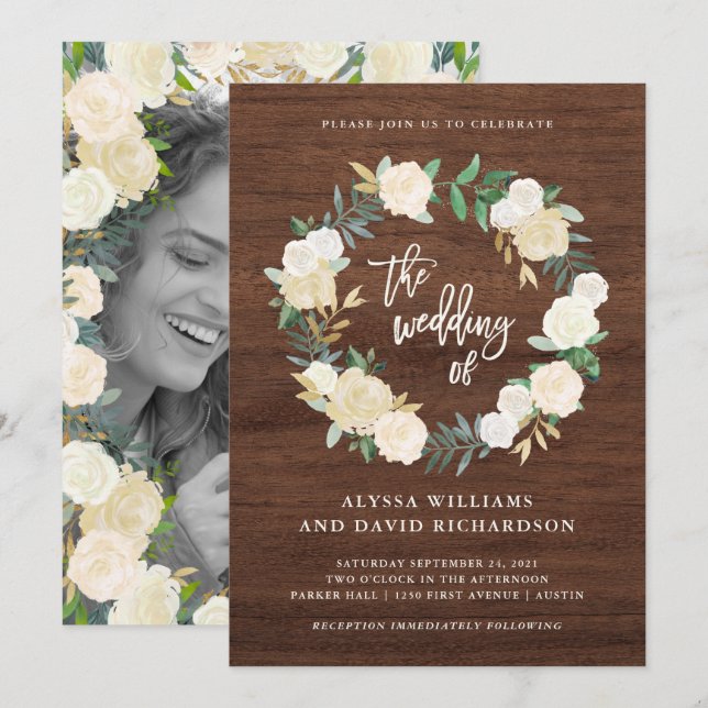 Invitación Madera Rusa | Wreath Boda con foto de vuelta (Anverso / Reverso)