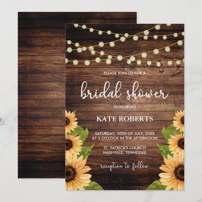 Invitación Madera Rusa y Ducha Bridal de Girasol (Anverso / Reverso)