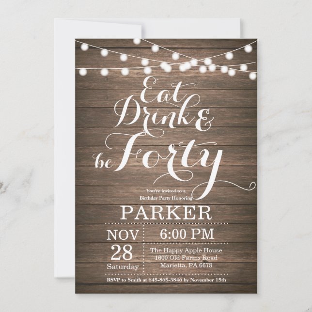 Invitación Madera Rustic 40 Birthday Invitation (Anverso)
