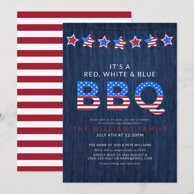 Invitación Madera Rustic Red White & Blue BBQ 4 de julio (Anverso / Reverso)
