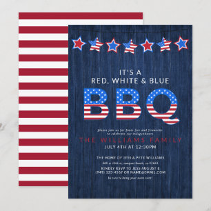 Invitación Madera Rustic Red White & Blue BBQ 4 de julio