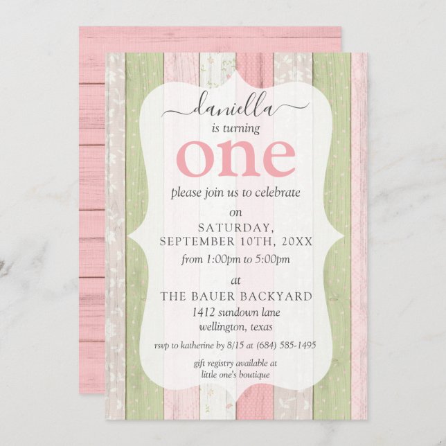 Invitación Madera Rustic Sage Green y Pink Floral Primer cump (Anverso / Reverso)