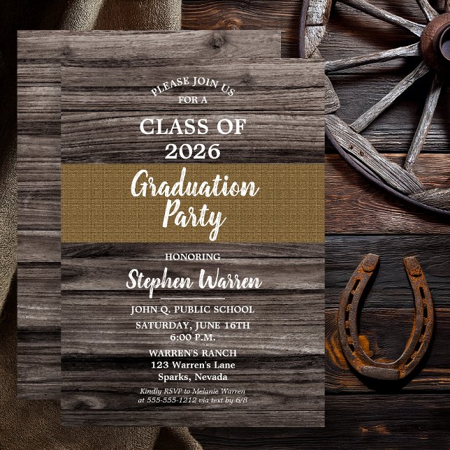Invitación Madera Rústica Arpillera Fiesta de Graduación Sin  (Non Photo Graduation Invitation Rustic Barn Wood & Burlap Class of 2026)