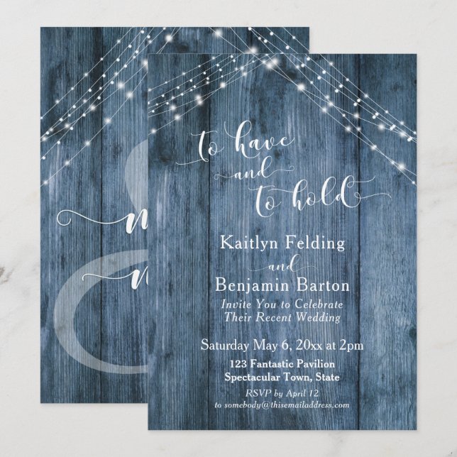 Invitación Madera Rústica Azul y Luces Para Tener y Para Afer (Anverso / Reverso)