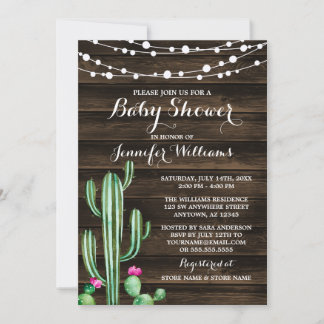 Invitación Madera rústica Baby Shower del granero del cactus