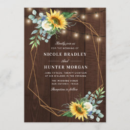 Invitación madera rústica boda de peones blancos girasoles