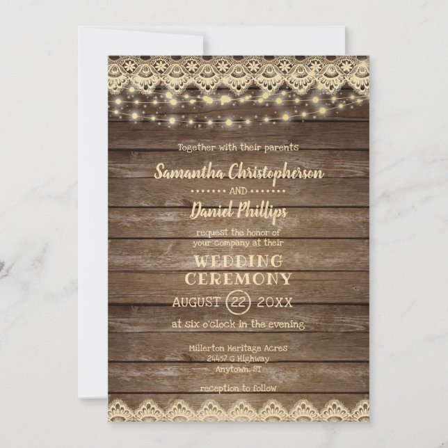 Invitación Madera rústica | Boda Lace & Lights (Anverso)