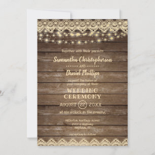 Invitación Madera rústica Boda Lace & Lights