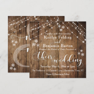Invitación Madera rústica con luz blanca y Boda de copos de n
