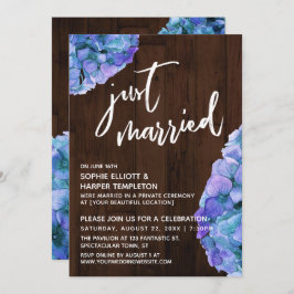 Invitación Madera rústica e hidrangea azul acaban de casarse