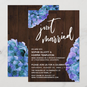 Invitación Madera rústica e hidrangea azul acaban de casarse
