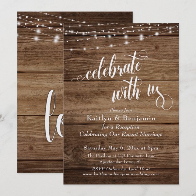Invitación Madera Rústica e Iluminación Celebran con Nosotros (Anverso / Reverso)