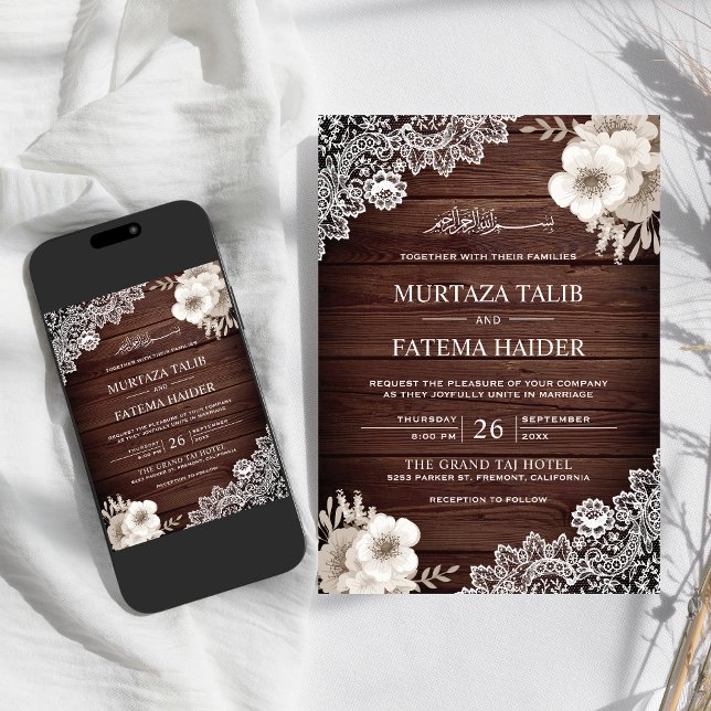 Invitación Madera Rústica Encaje Ivory Floral Islámico Boda (Subido por el creador)