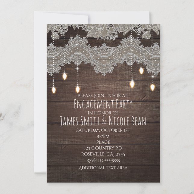Invitación Madera Rústica & Encaje Vintage & Luces Elegante (Anverso)