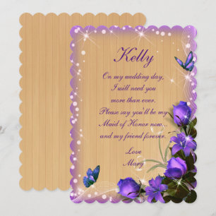 Invitación Madera Rústica Floral Púrpura Mariposa Dama de Hon