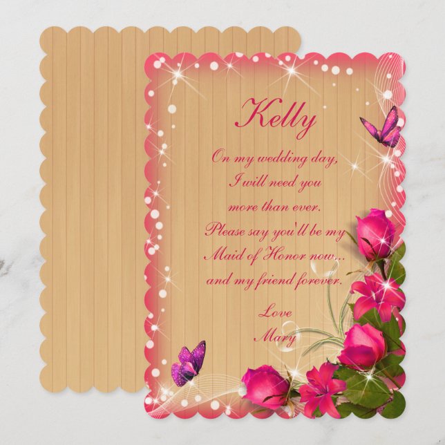 Invitación Madera Rústica Floral Rosa Mariposa Dama de Honor (Anverso / Reverso)