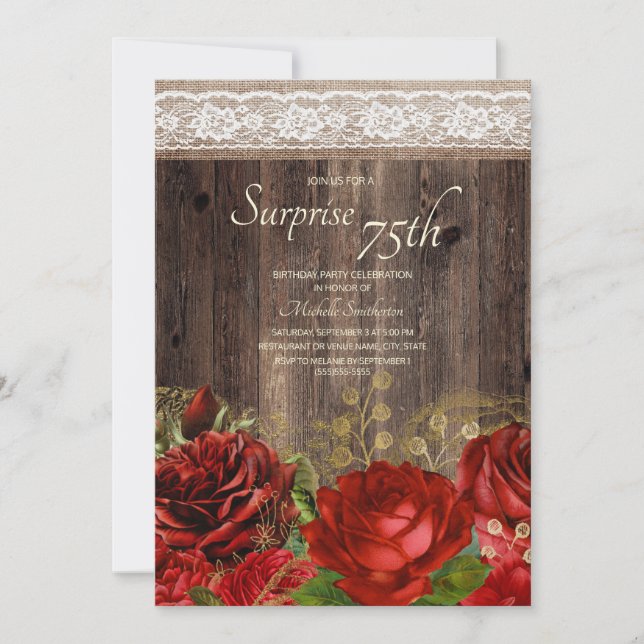 Invitación Madera Rústica Flores Rojas y Doradas Sorpresa 75  (Anverso)