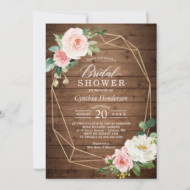 Invitación Madera Rústica Geométrica Rubor Floral Bridal Show (Anverso)
