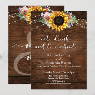 Invitación Madera Rústica Girasol Come Bebe y Cásate