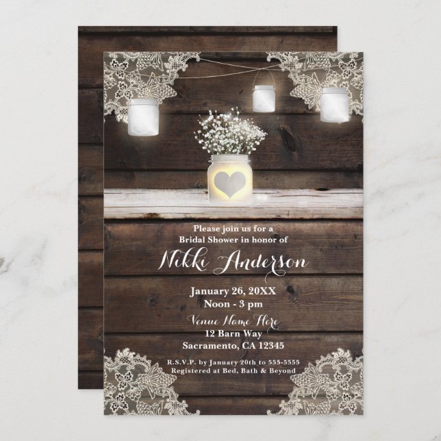 Invitación Madera Rústica, Lace & Mason Jars Barn Bridal Show (Anverso / Reverso)