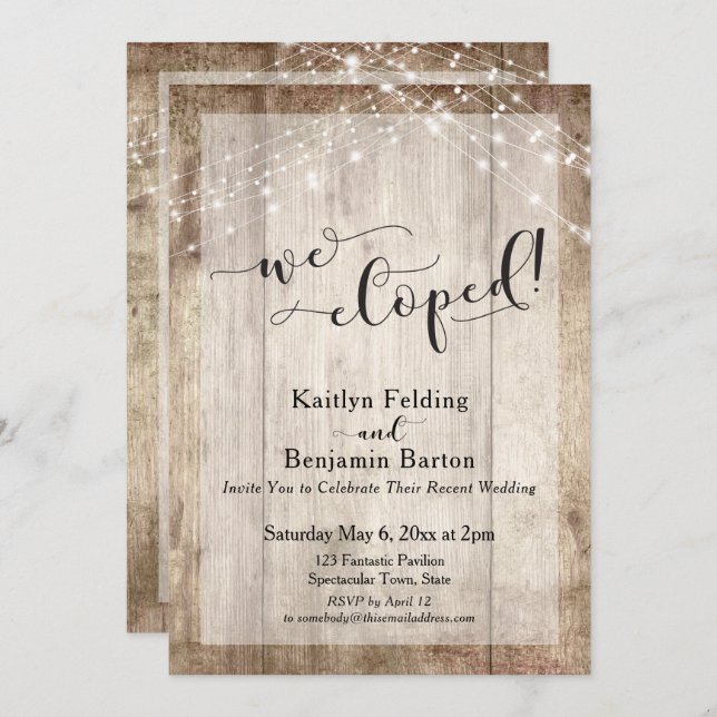 Invitación Madera rústica ligera y luces, Nos escapamos, Rece (Anverso / Reverso)